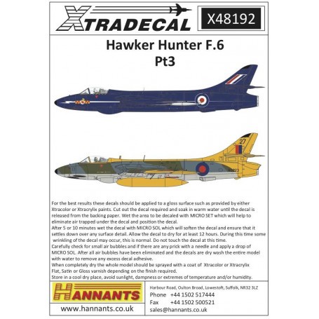 Calcomanía Hawker Hunter F.6 Pt 3 (9)  XF383 R Day Fighter Combat School RAF Stradishall 1961;  XF418 / 16 Unidad de armas táct